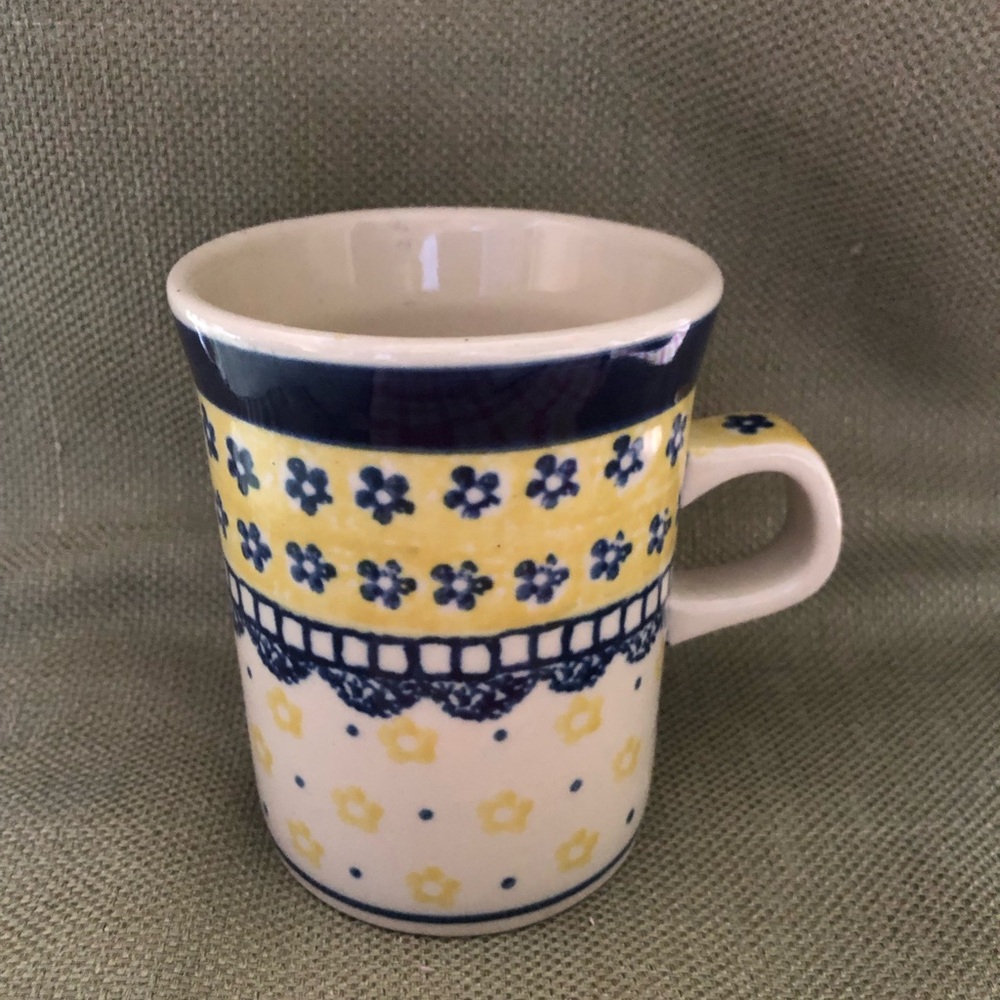Polish Pottery 8 Oz Blue and Yellow Floral Ceramic Coffee Mug